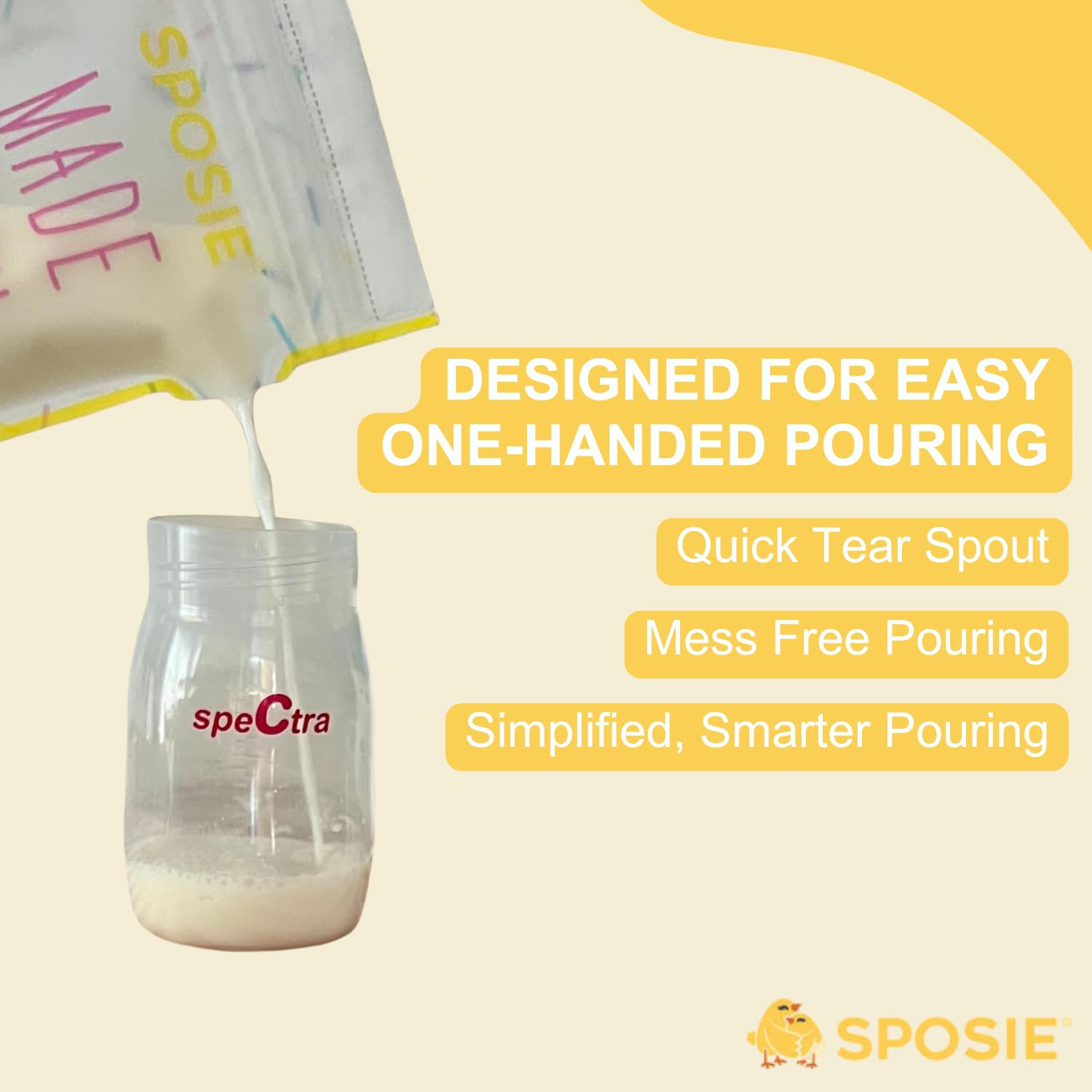 Sposie SimpleFeed Breast Milk Storage Bags – Feeding Made Easier | 8oz, 100 Count | Easy Pour, Temperature Sensor, Freezer Safe, Leak-Proof, BPA-Free