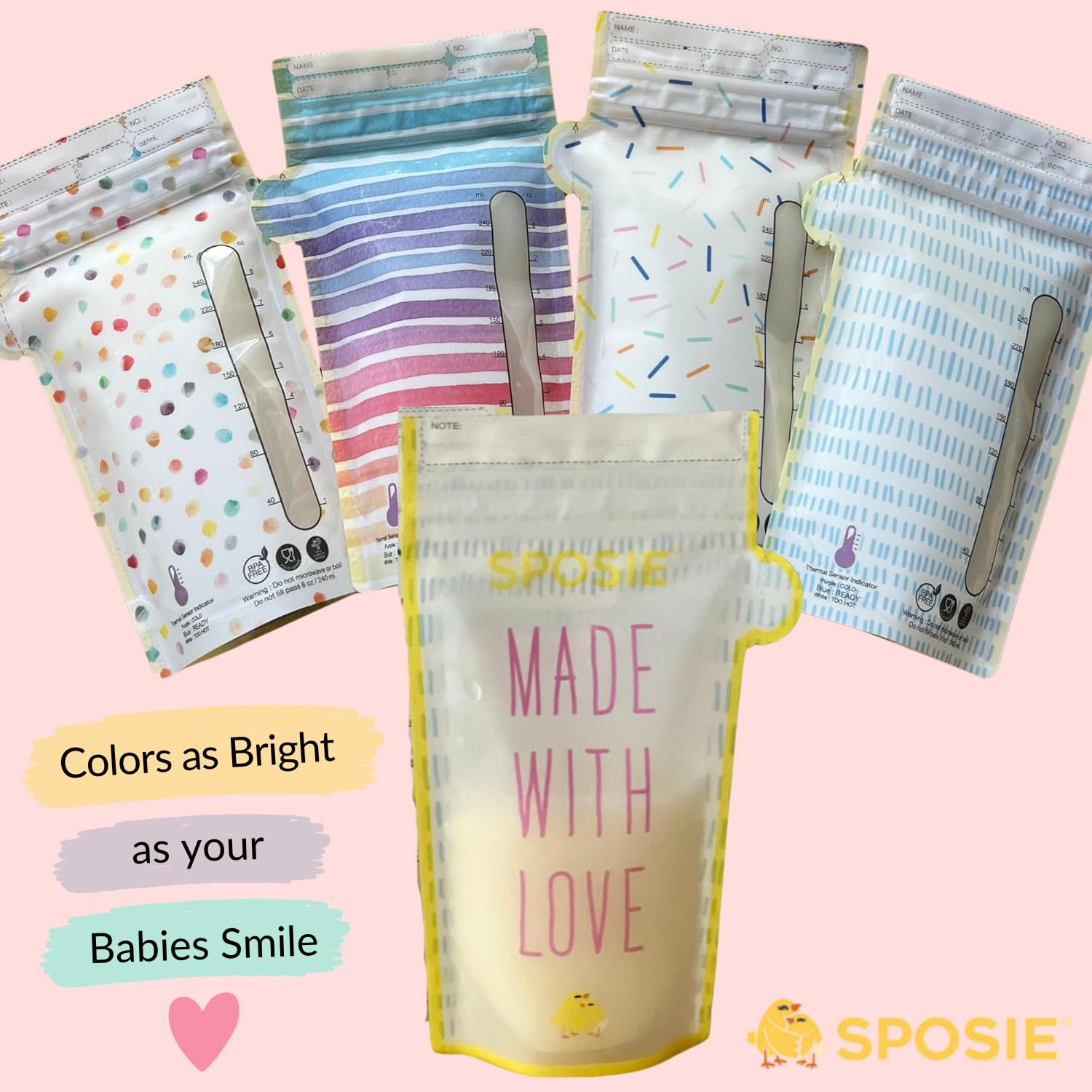 Sposie SimpleFeed Breast Milk Storage Bags – Feeding Made Easier | 8oz, 100 Count | Easy Pour, Temperature Sensor, Freezer Safe, Leak-Proof, BPA-Free