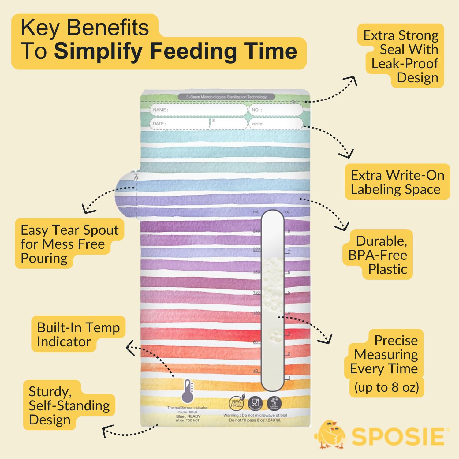 Sposie SimpleFeed Breast Milk Storage Bags – Feeding Made Easier | 8oz, 100 Count | Easy Pour, Temperature Sensor, Freezer Safe, Leak-Proof, BPA-Free