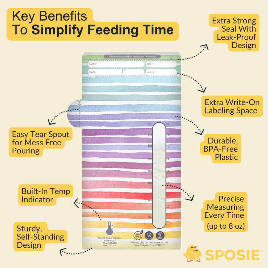 Sposie SimpleFeed Breast Milk Storage Bags – Feeding Made Easier | 8oz, 100 Count | Easy Pour, Temperature Sensor, Freezer Safe, Leak-Proof, BPA-Free